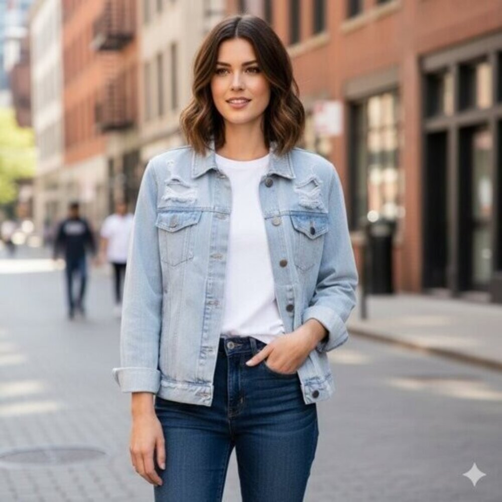 Neon Blonde Women's Denim Jean Jacket Oversized Light Wash Blue Distressed XS